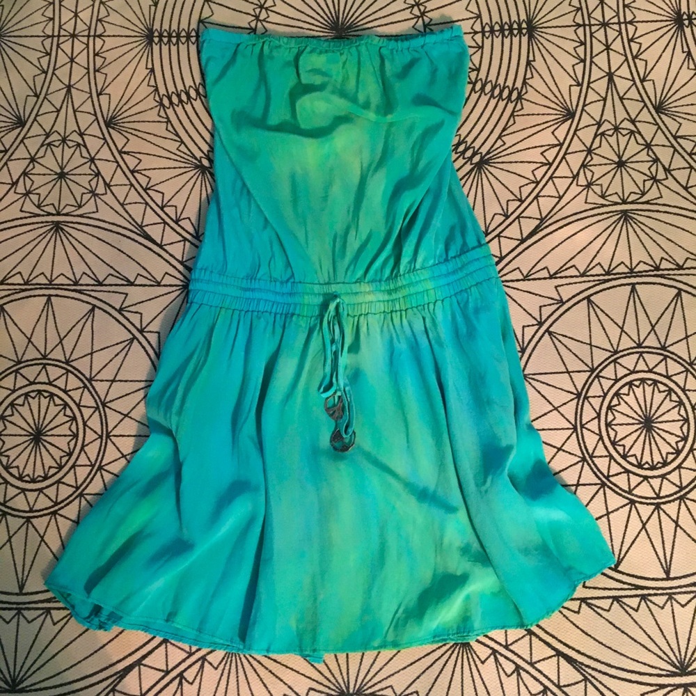 Gypsy 05 silk strapless mini dress, blue green watercolor tie dye XS EUC